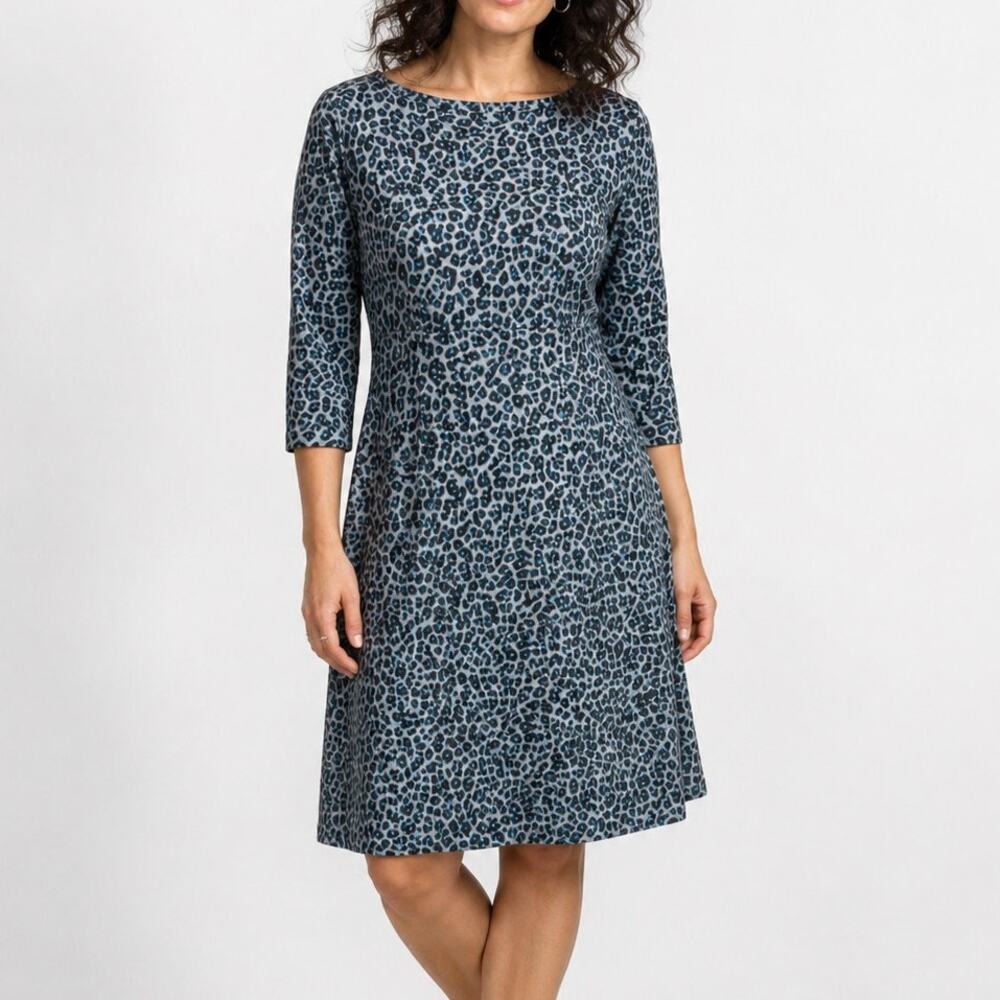 Talbots Teal Black Leopard Ponte Sheath Dress 10 Stretch 3/4 Sleeve Mob Wife